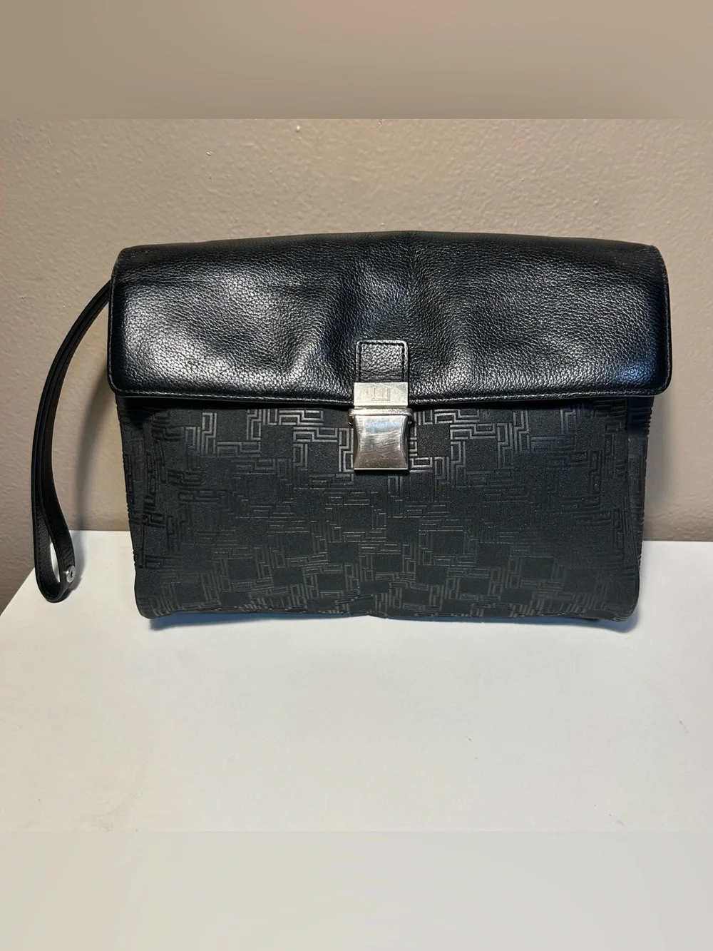 Dunhill Vintage Black Pouch Patterned Clutch Bag Travel Silver Clasp